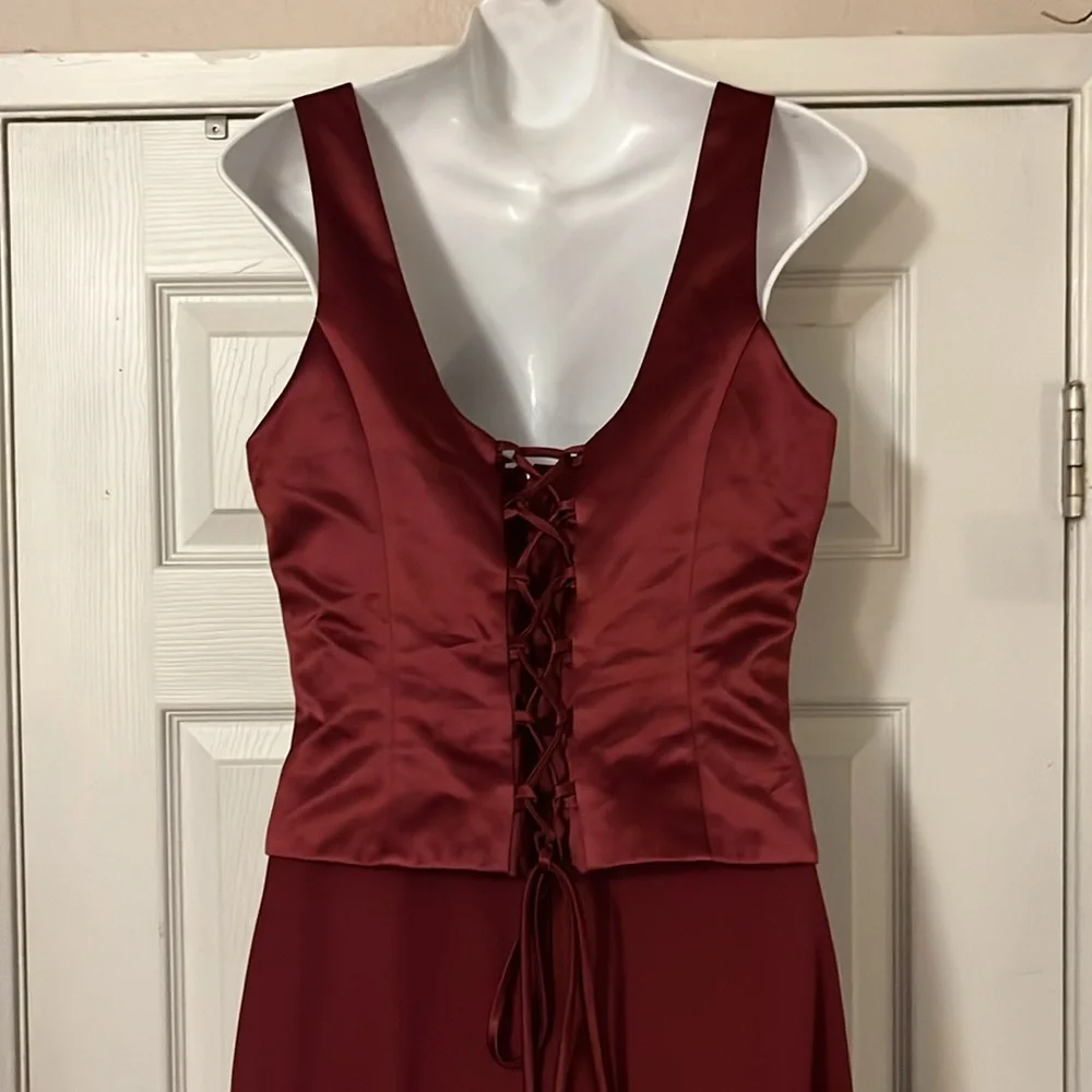 Rebecca Women’s Burgundy Merlot Dark Red Beaded Satin Sheer Formal Prom Gown L